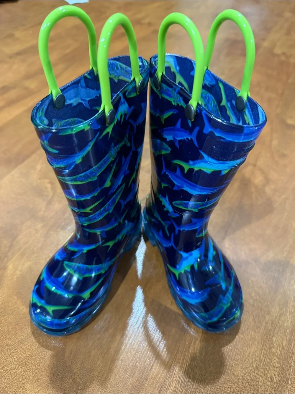 Western Chief Blue Shark Pattern Rain Boots with Lime Pull Handles